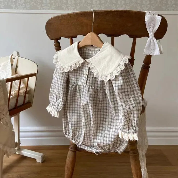 Plaid Large Lapel Lace Romper