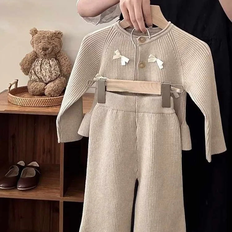 Girls Khaki Bow Knit Set