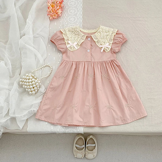 Pink Laced Collar Embroidery Dress