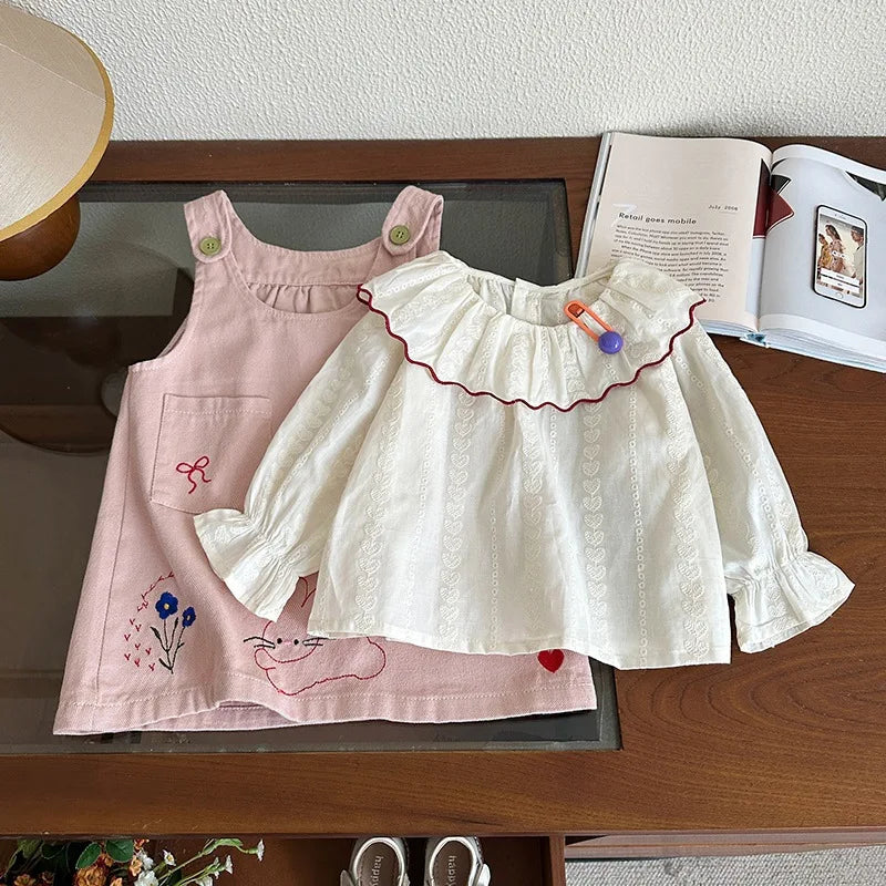 Red Collared Heart Embroidery Blouse
