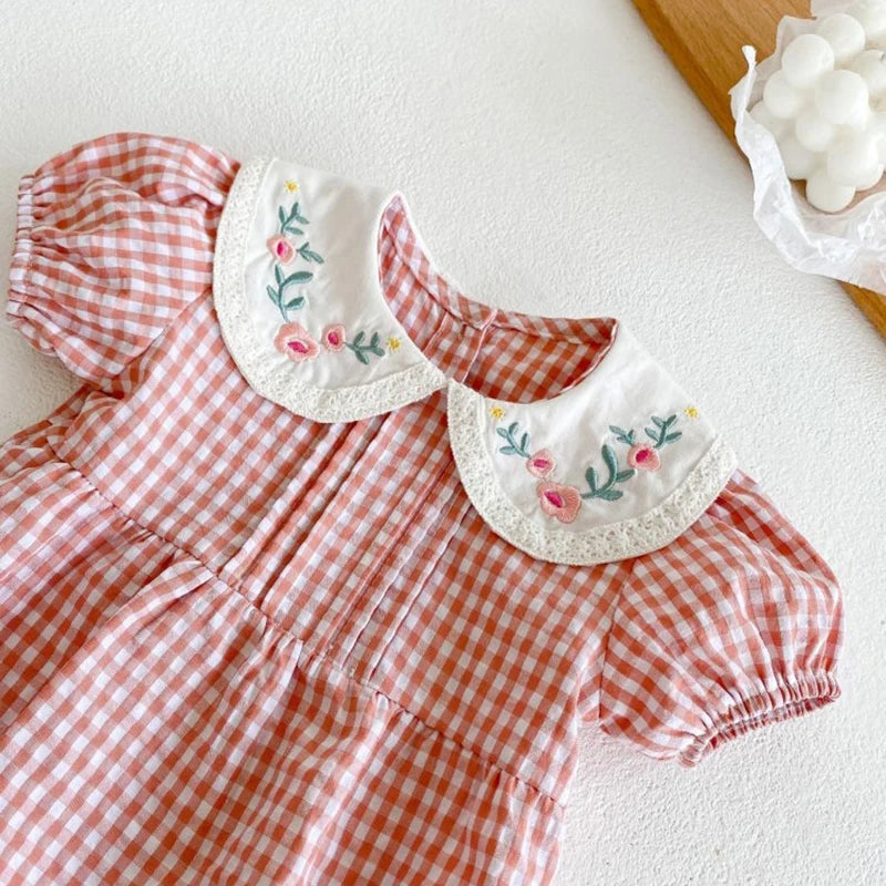 Pink Grid Floral Embroidery Romper