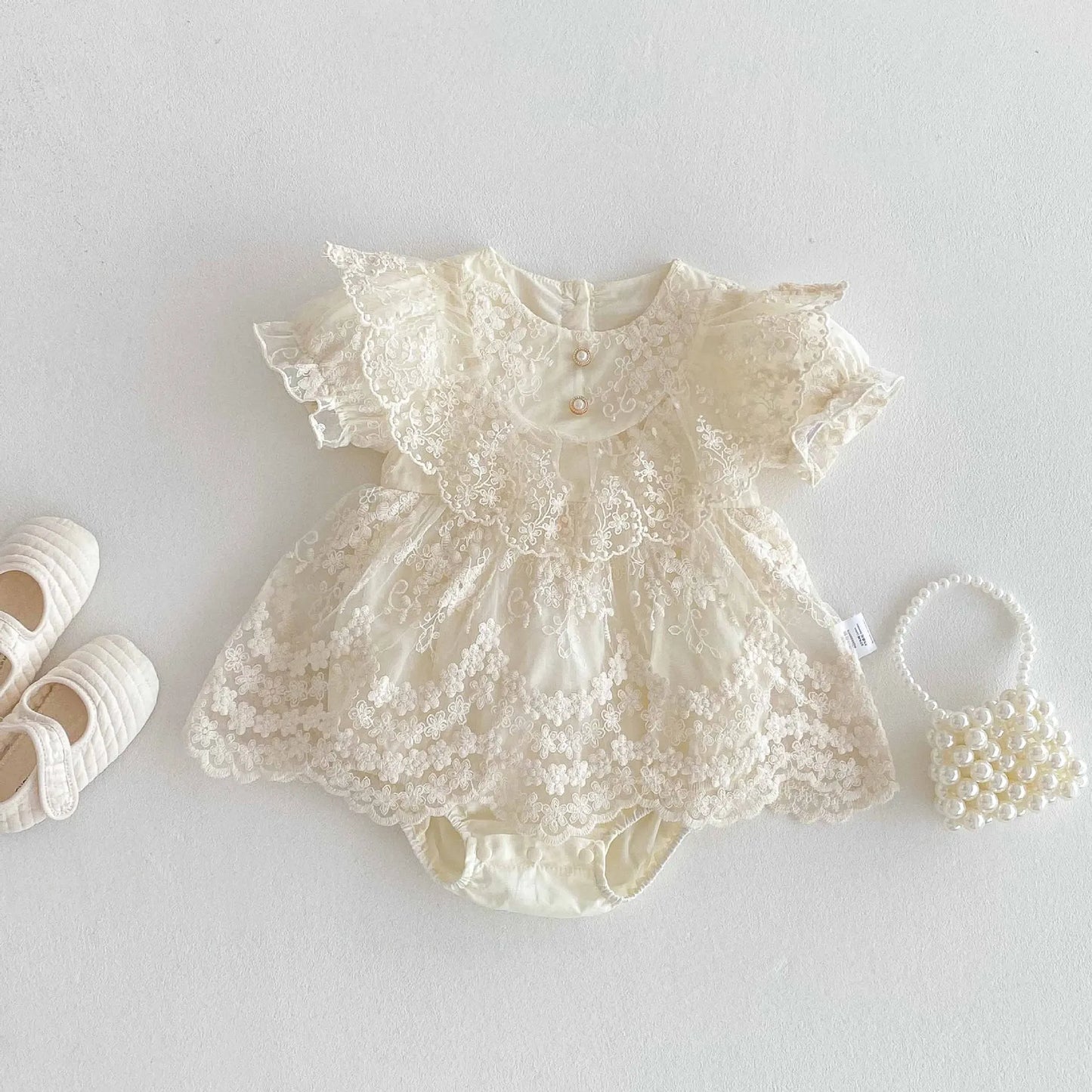 Vintage Lace Floral Embroidery Ruffled Collar Romper Dress