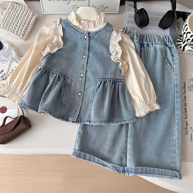 Girls Cowboy Vest Wide Leg Pants Set