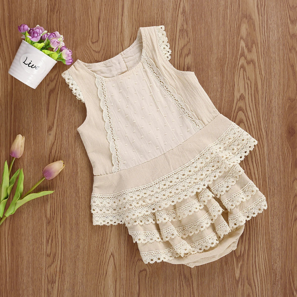 Khaki Lace Vest and Layered Hem Skirt