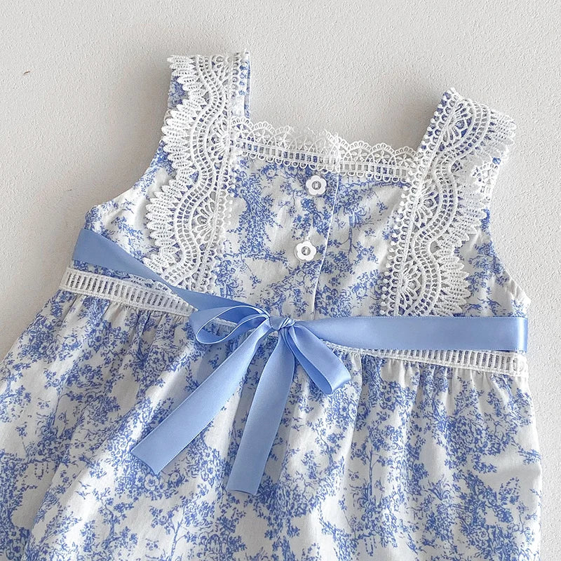 Blue Floral Print Sleeveless Laced Romper