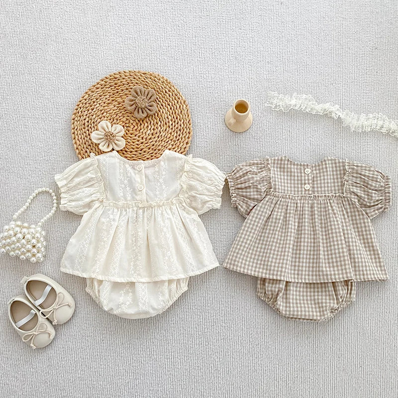 Embroidery Grid Puff Sleeve Set