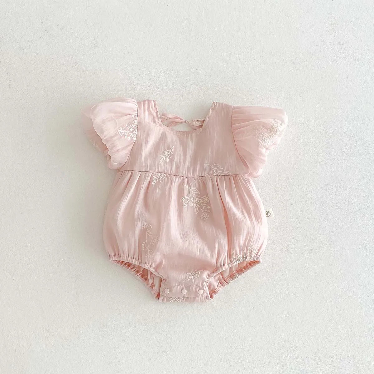 Pink Bubble Sleeve Embroidery Romper