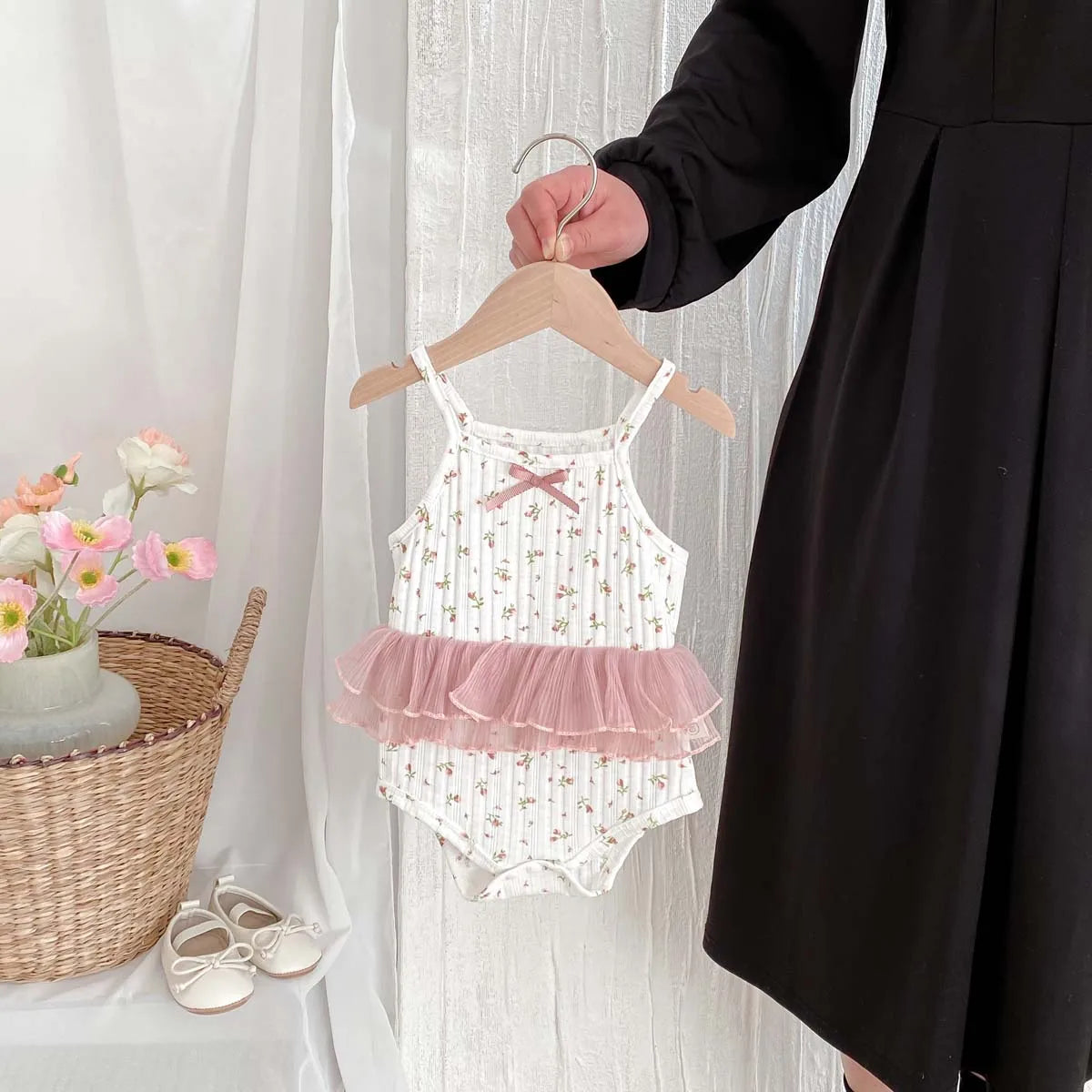 Floral Lace Stitching Bow Sling Bodysuit