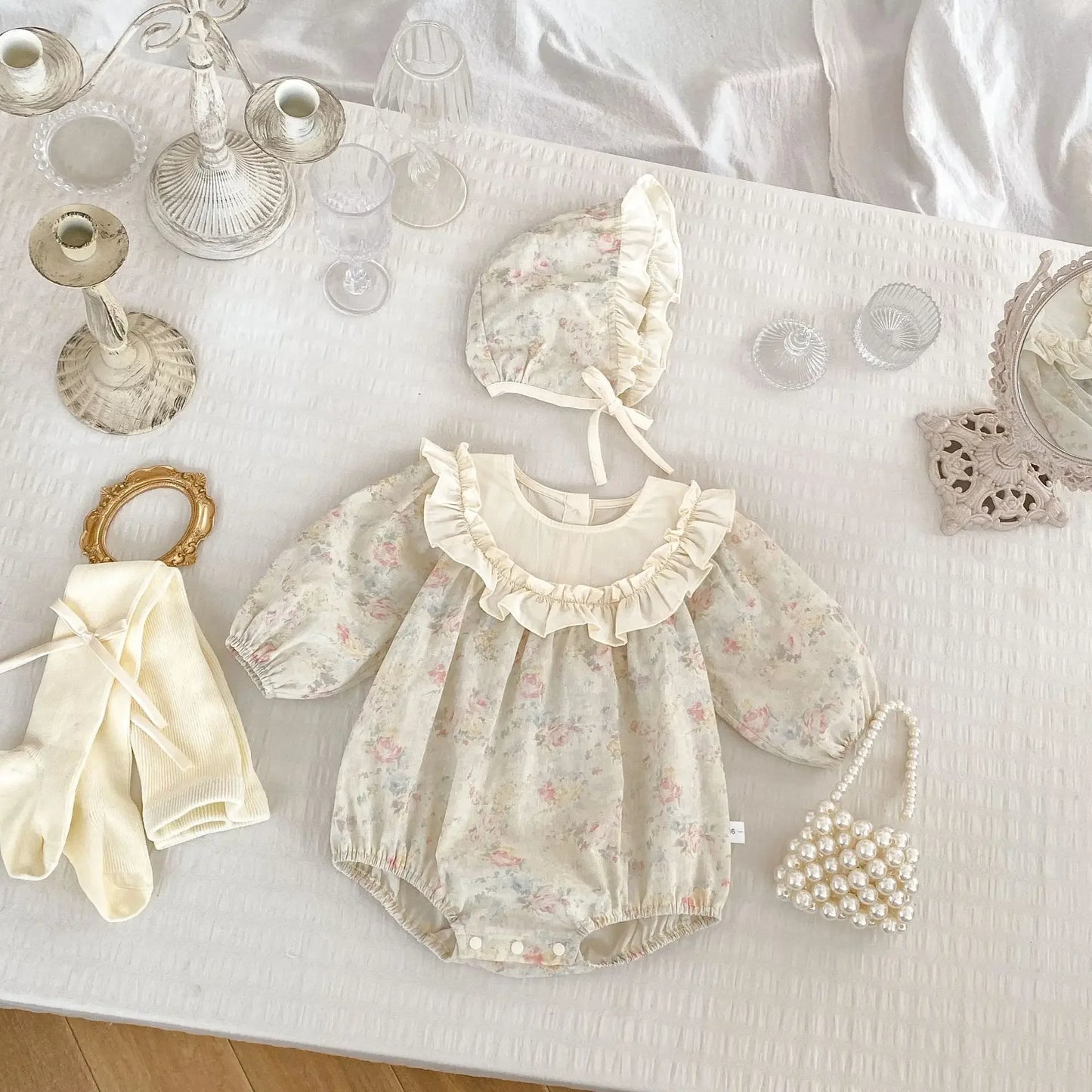 Retro Floral Big Lace Collar Romper and Hat
