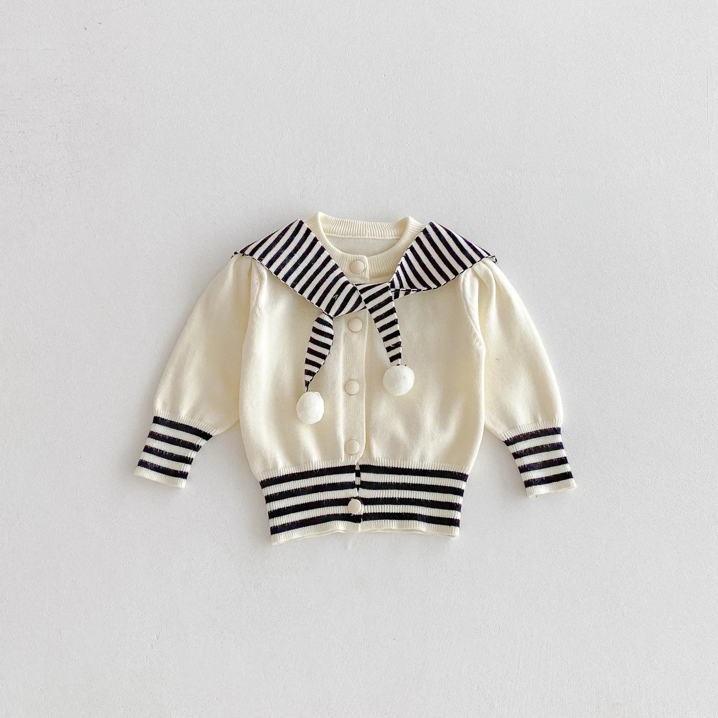 Navy Striped Collar Pom-Pom Knit Cardigan