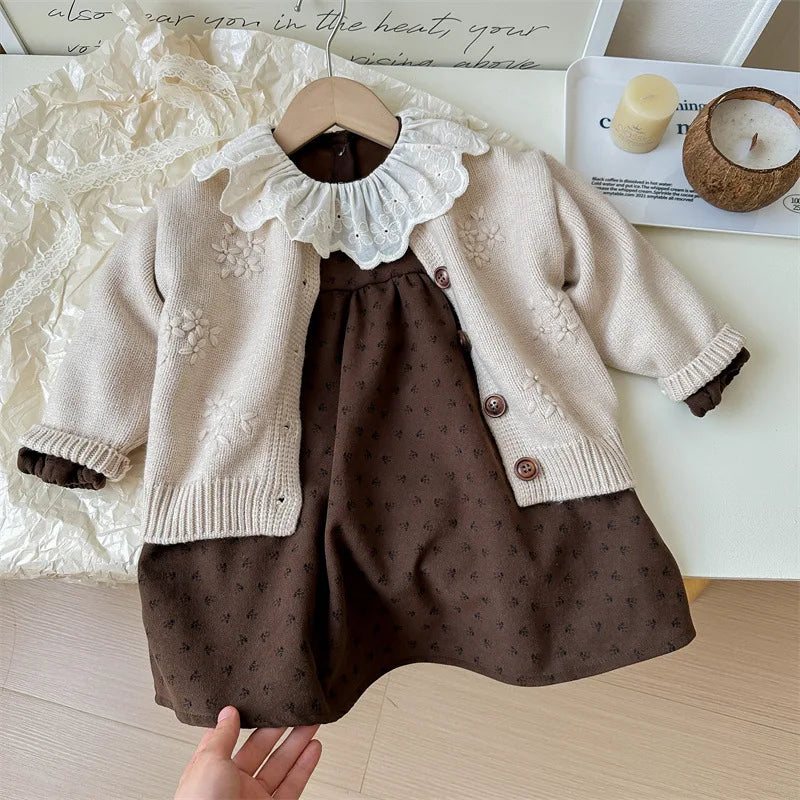 Brown Floral Knit Cardigan and Dress