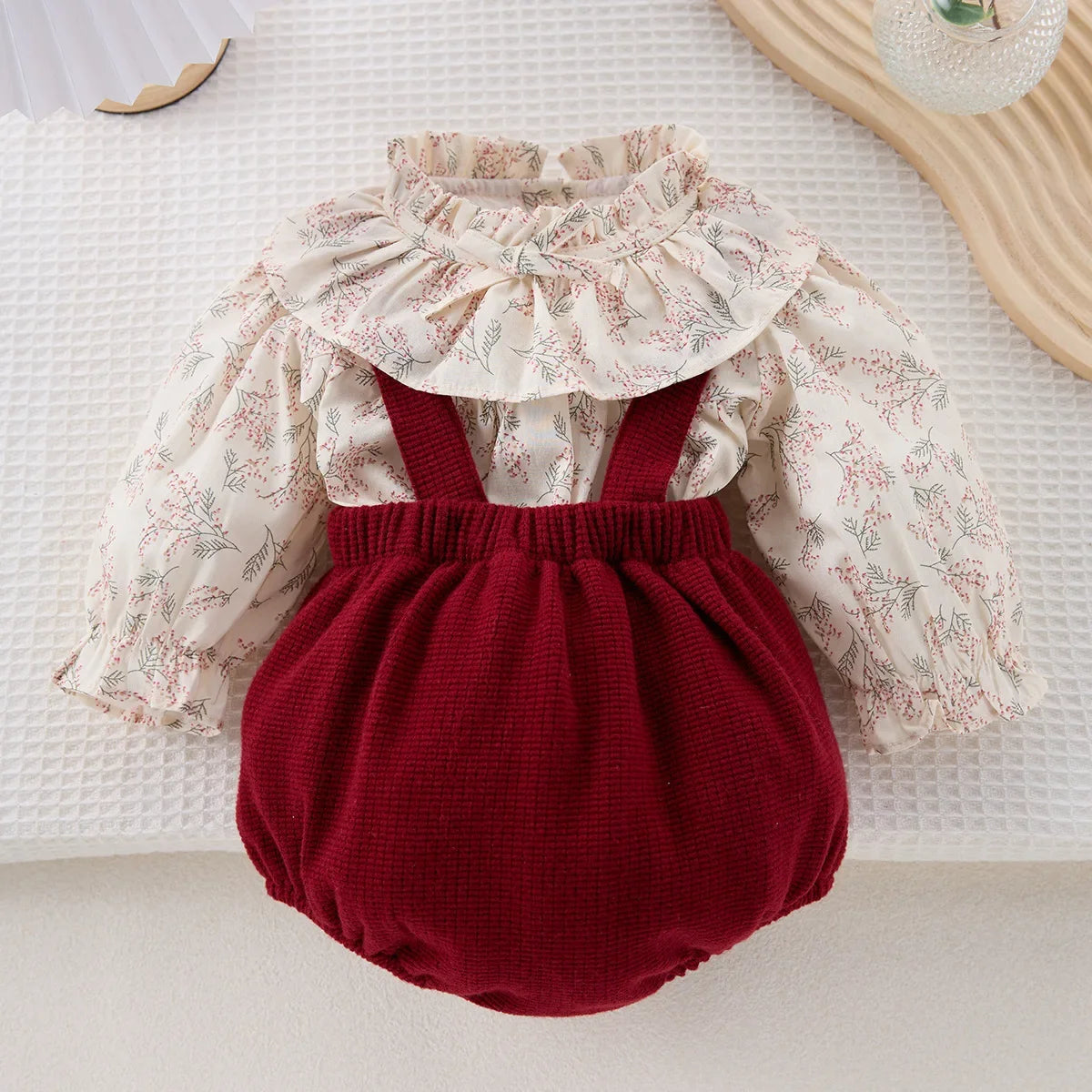 Red Floral Big Collared Blouse Set