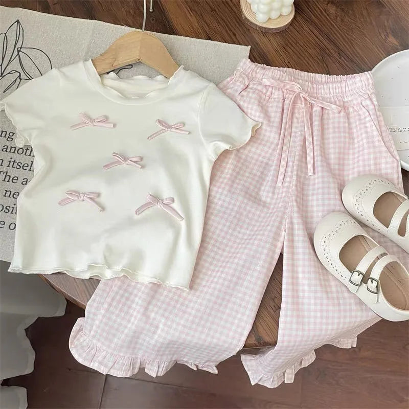 Girls Bow Top and Plaid Pants Set