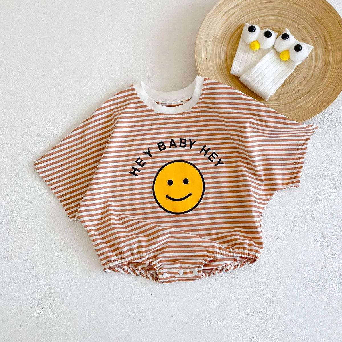 Smiley Face Printed Striped Cotton Romper