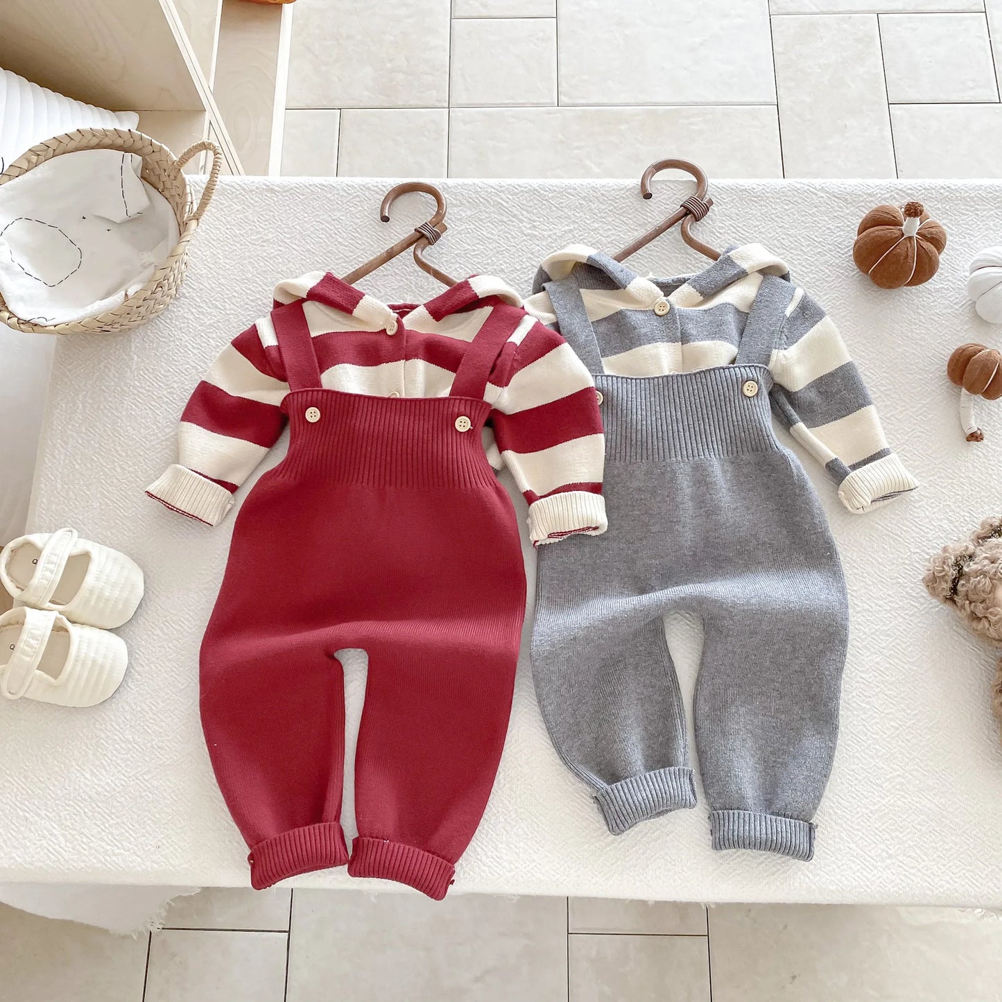 Knit Striped Overalls Set