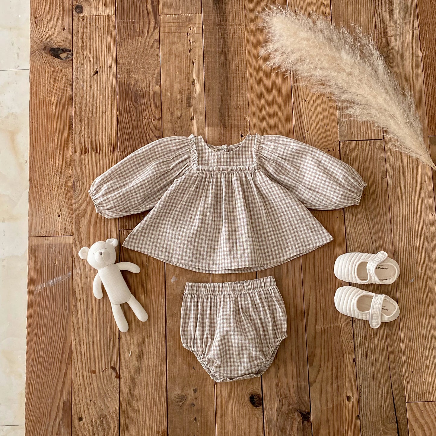 Cotton Plaid Lace Blouse Set