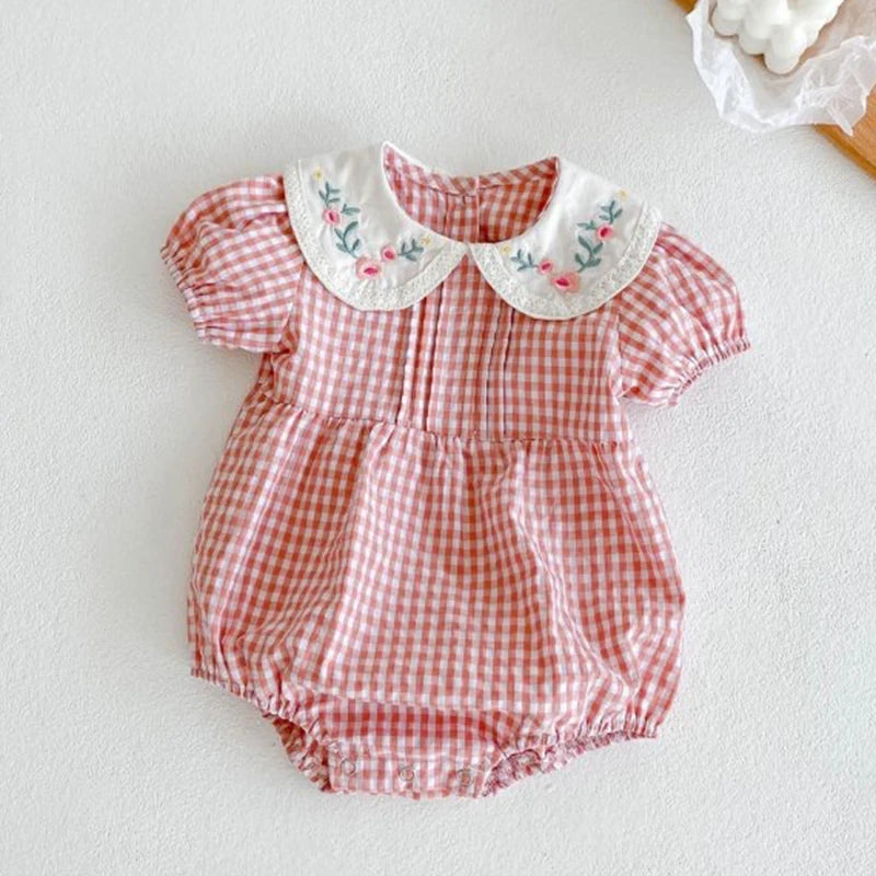 Pink Grid Floral Embroidery Romper