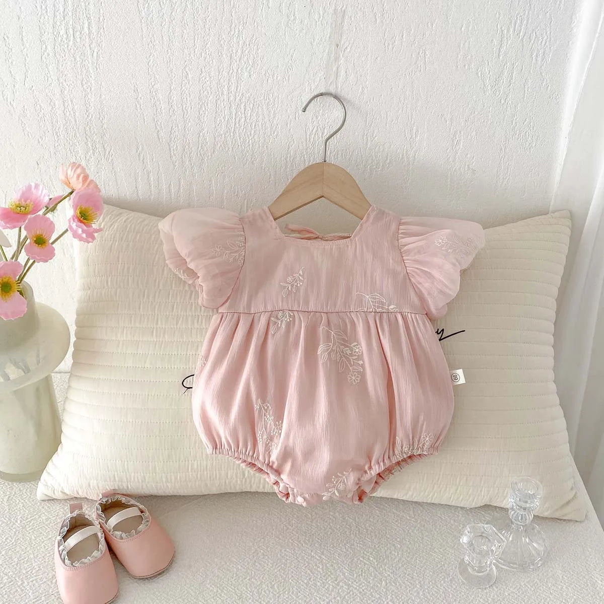 Pink Bubble Sleeve Embroidery Romper