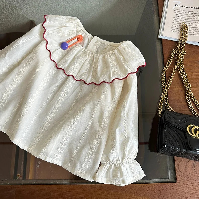 Red Collared Heart Embroidery Blouse