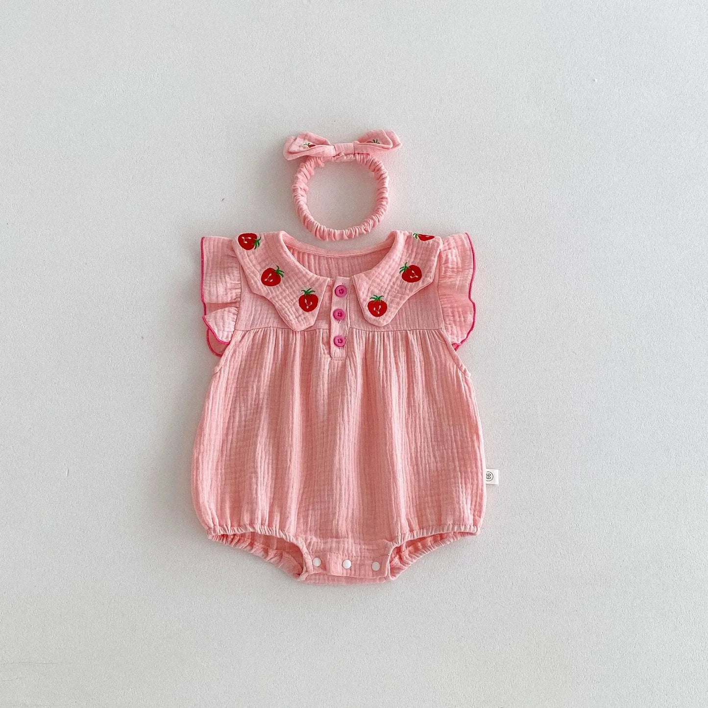 Pink Strawberry Embroidery Romper and Headband