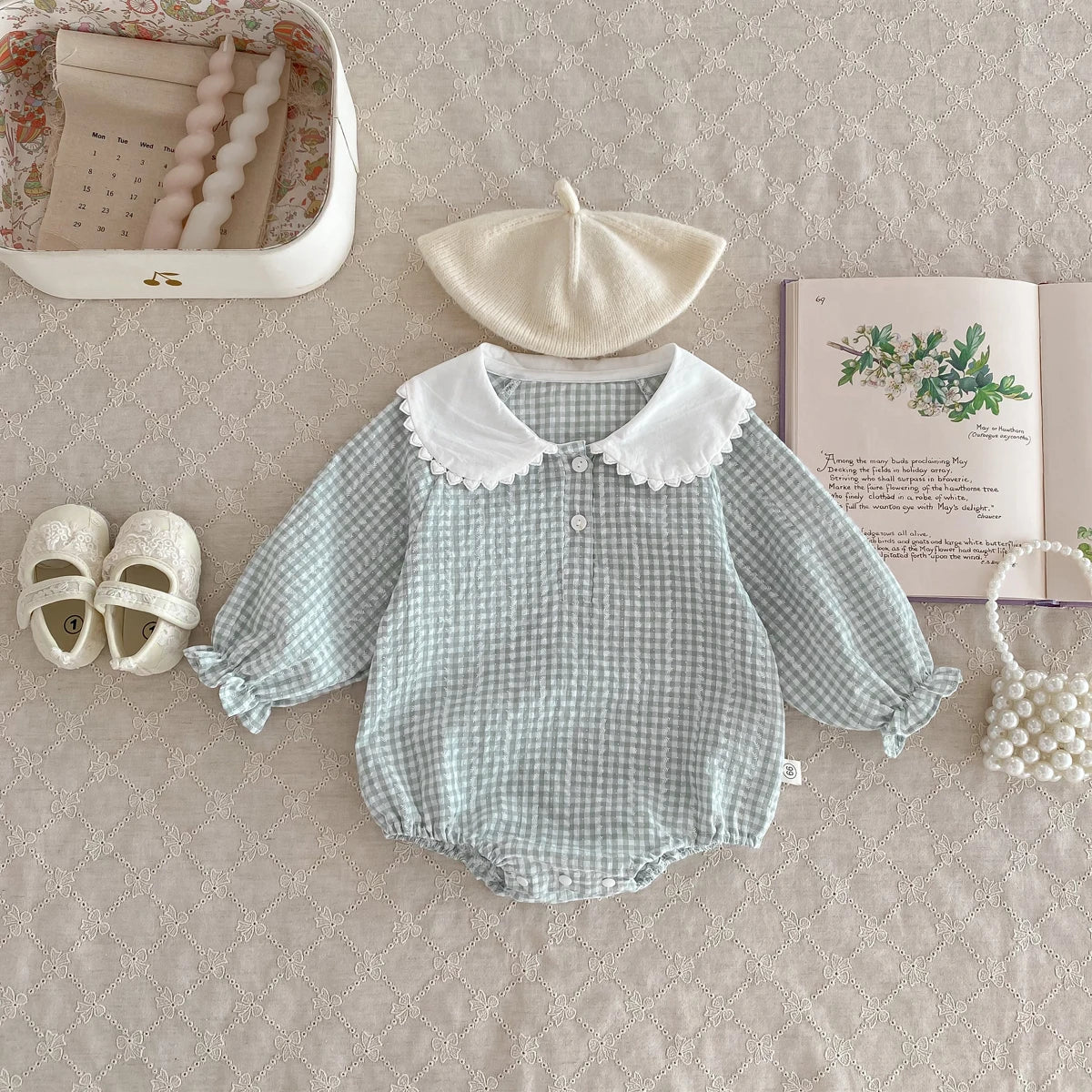 Sky Blue Peter Pan Collar Plaid Romper