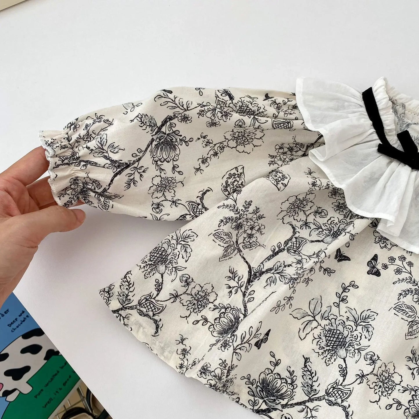 Black Floral Bow Collar Blouse Set
