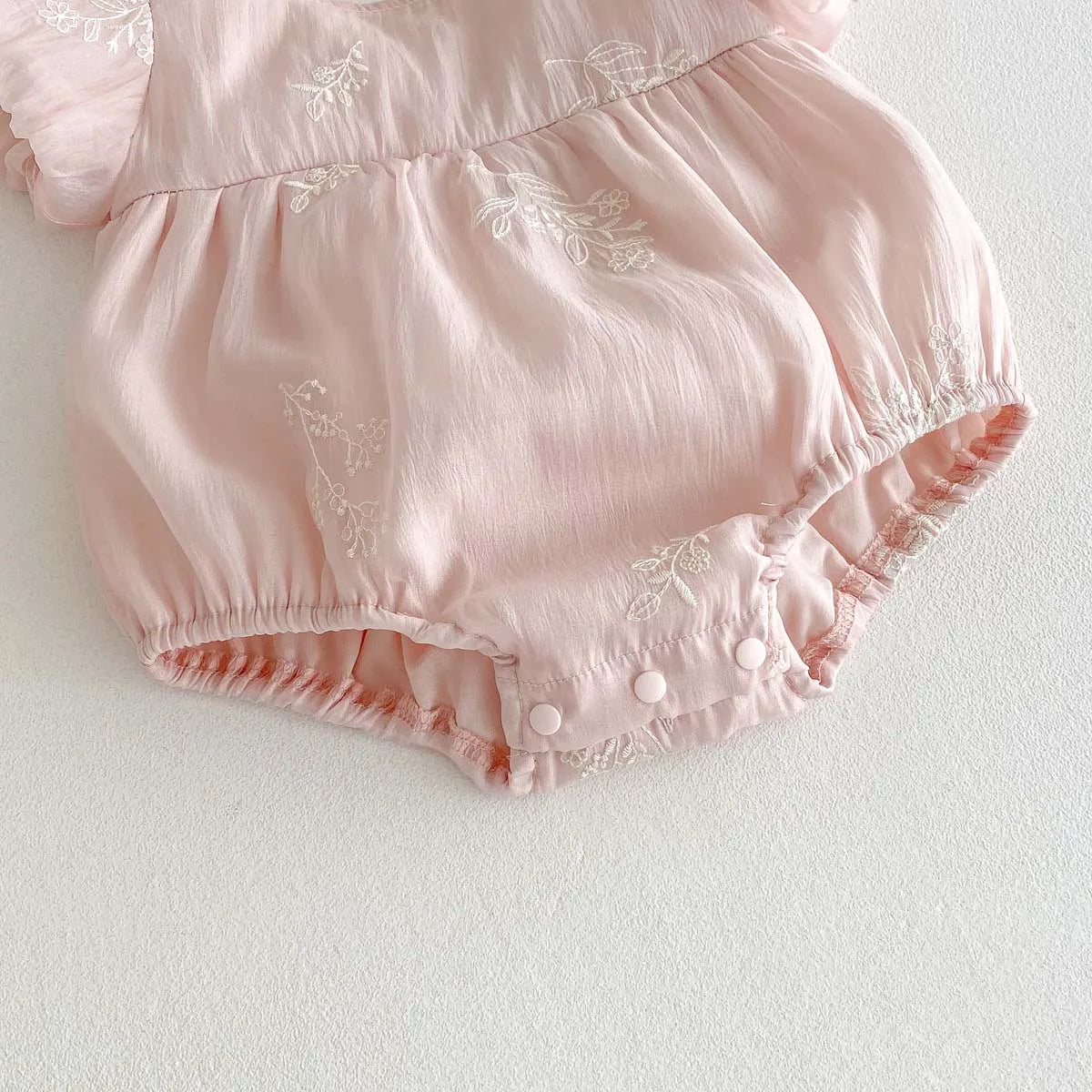 Pink Bubble Sleeve Embroidery Romper