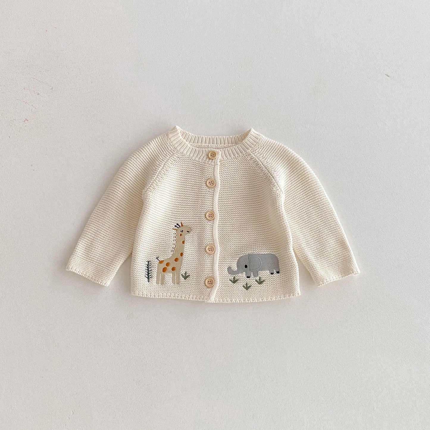 Giraffe Elephant Embroidery Knit Cardigan