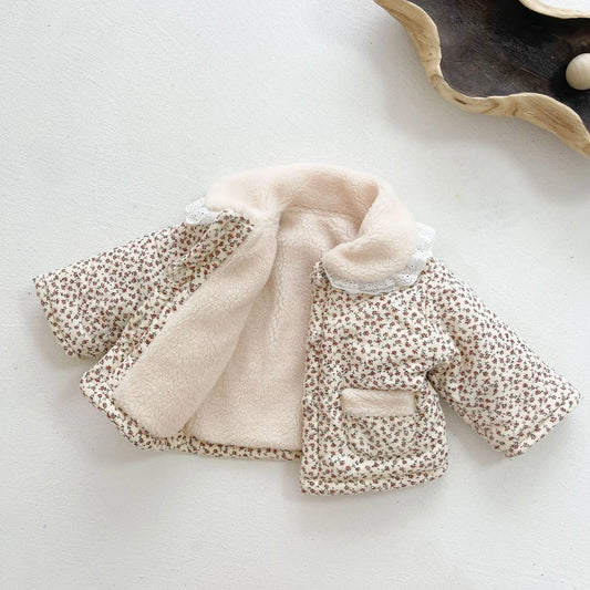 Floral Ruffled Lace Collar Thick Cotton Coat