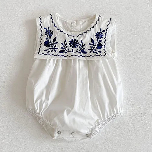 Girls Navy Collar Embroidery Romper