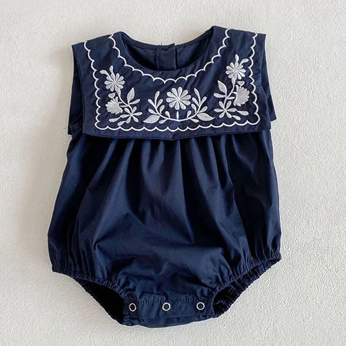 Girls Navy Collar Embroidery Romper