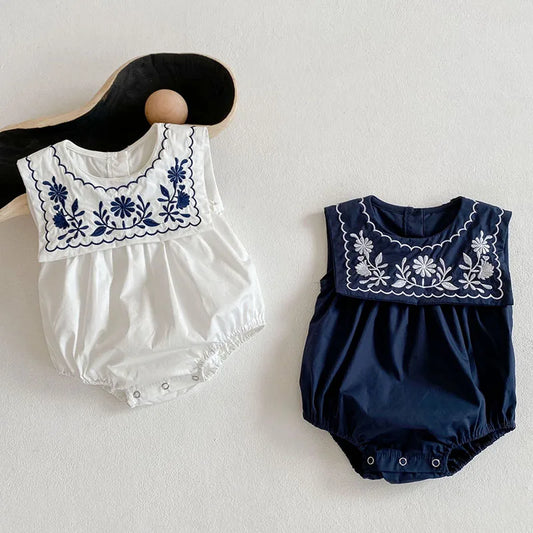 Girls Navy Collar Embroidery Romper