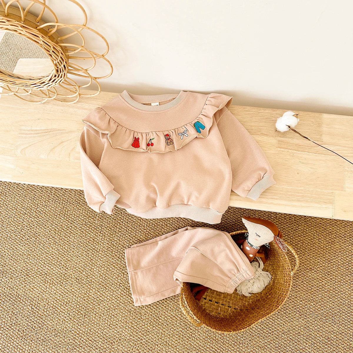 Embroidery Wide Leg Flounce Set