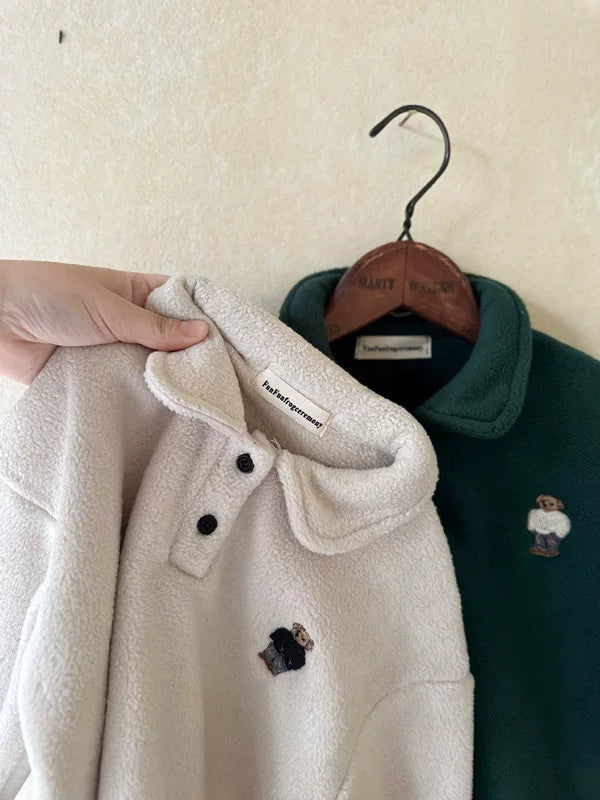 Bear Embroidery Polo Velvet Sweater