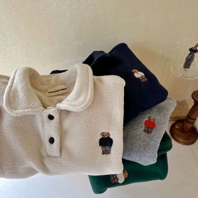 Bear Embroidery Polo Velvet Sweater