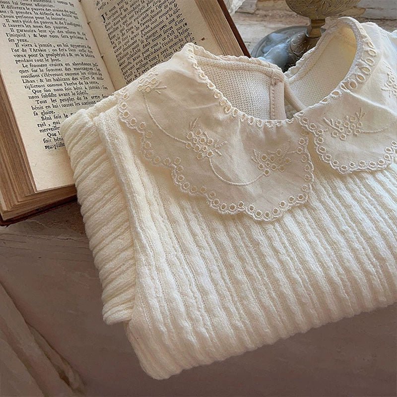 Thick Lace Collar Ribbed Knit Shirt