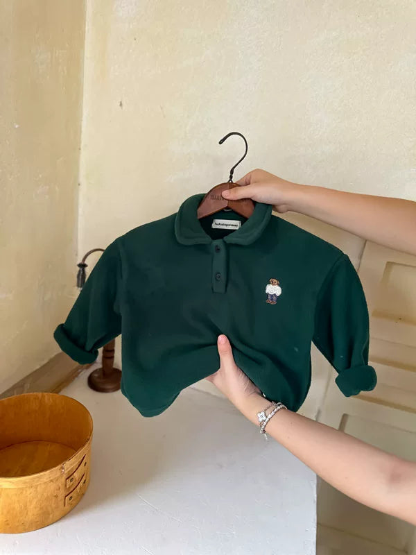 Bear Embroidery Polo Velvet Sweater