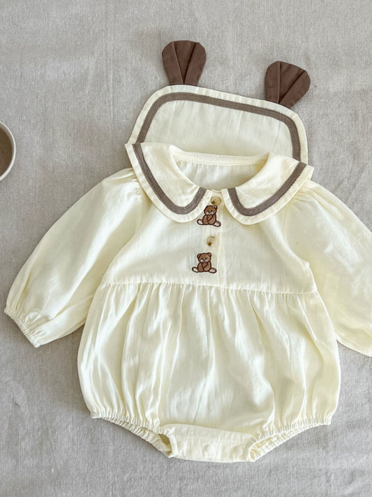Bear Embroidery Ear Collar Romper