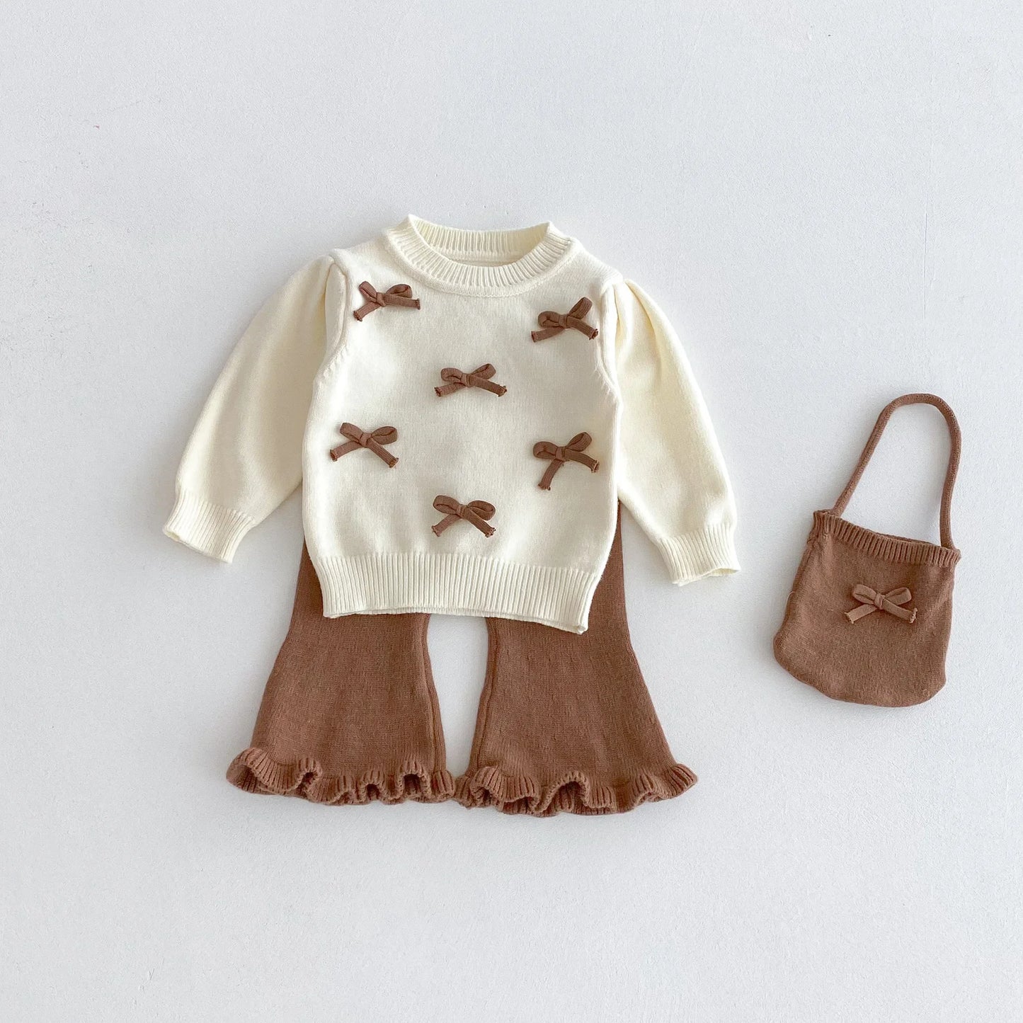 Brown Bowknot Ruffle Flare 3-Piece Knit Set