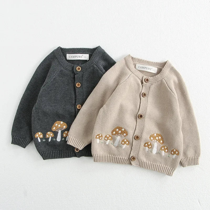 Mushroom Embroidery Knit Romper With Hat and Cardigan