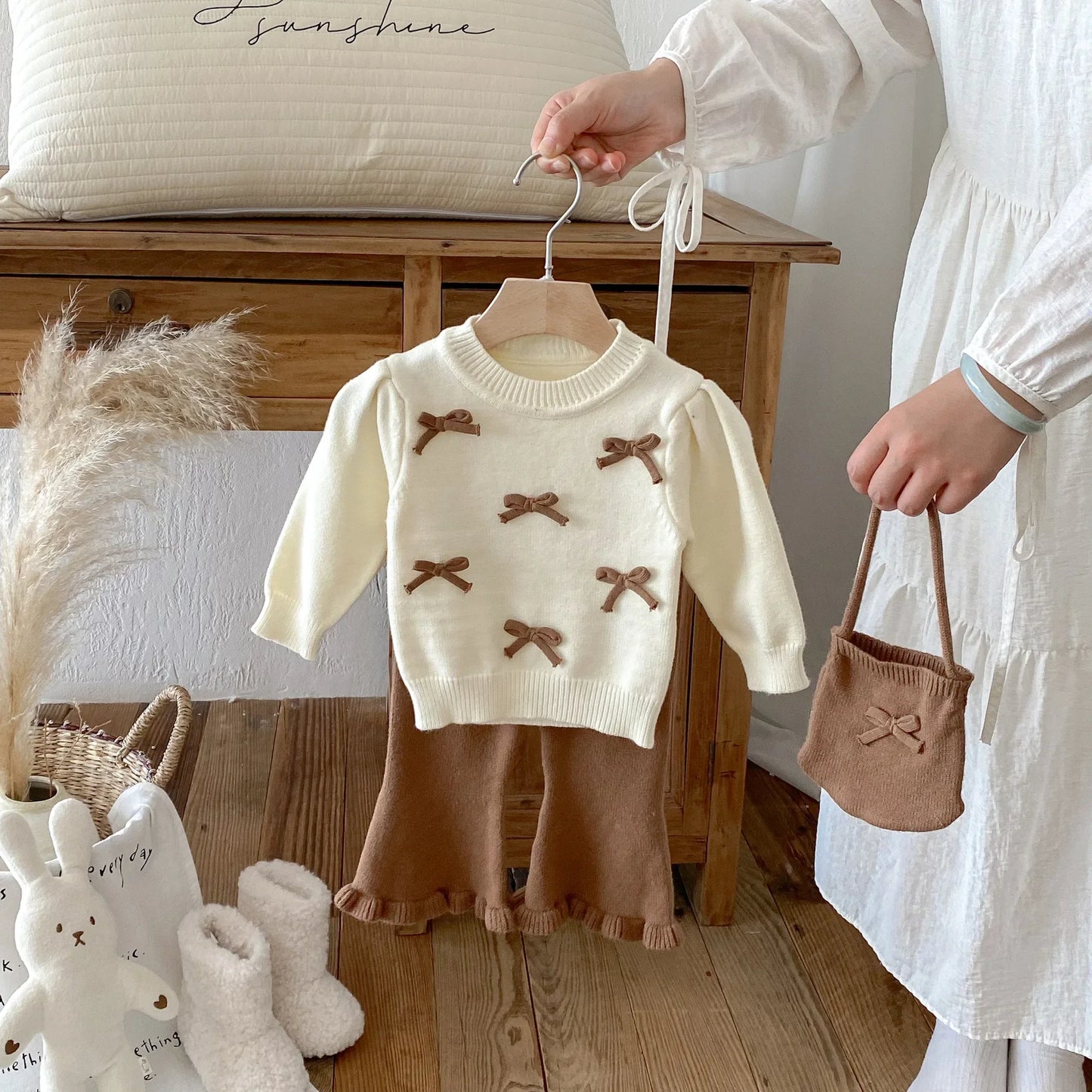 Brown Bowknot Ruffle Flare 3-Piece Knit Set