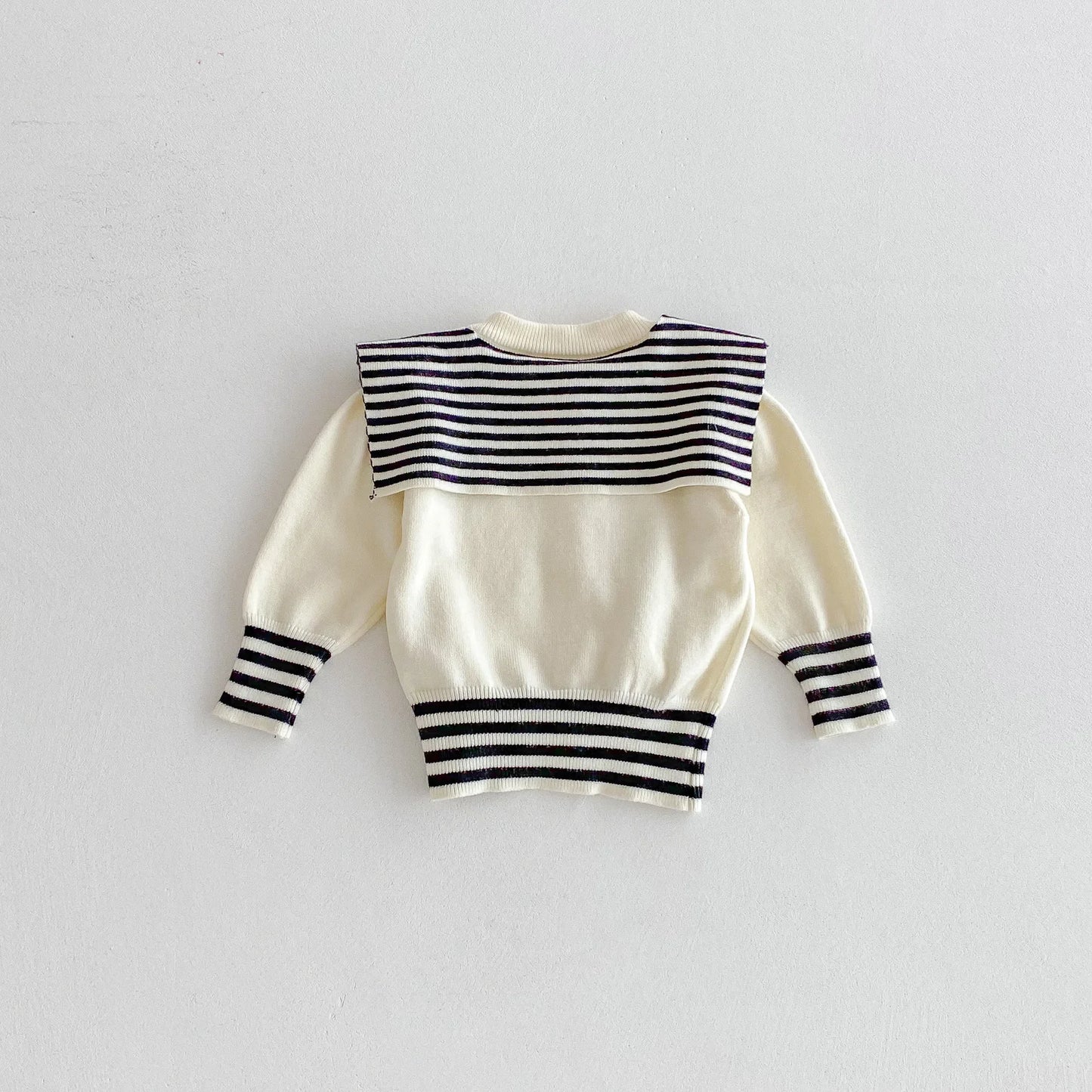 Navy Striped Collar Pom-Pom Knit Cardigan
