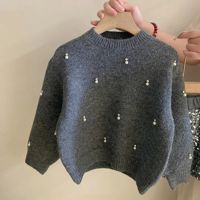 Girls Pearl Rhinestone Knit Sweater and  Skirt Set