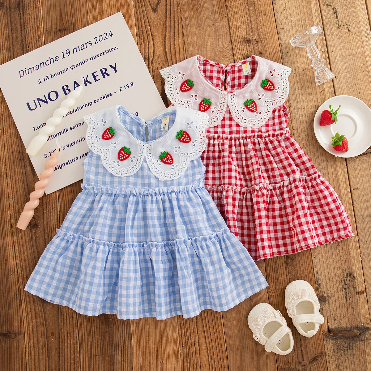 Plaid Strawberry Embroiderey Collar Dress
