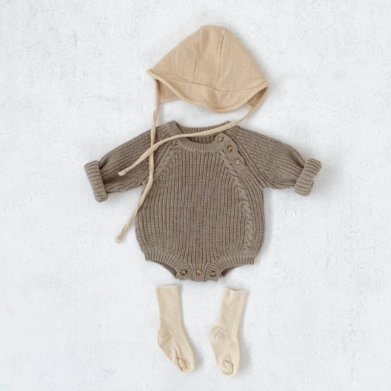 Neutral Side Button Cable Knit Romper