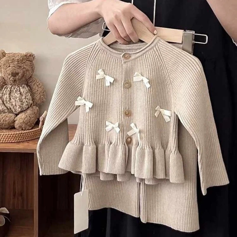 Girls Khaki Knitted Bow Set