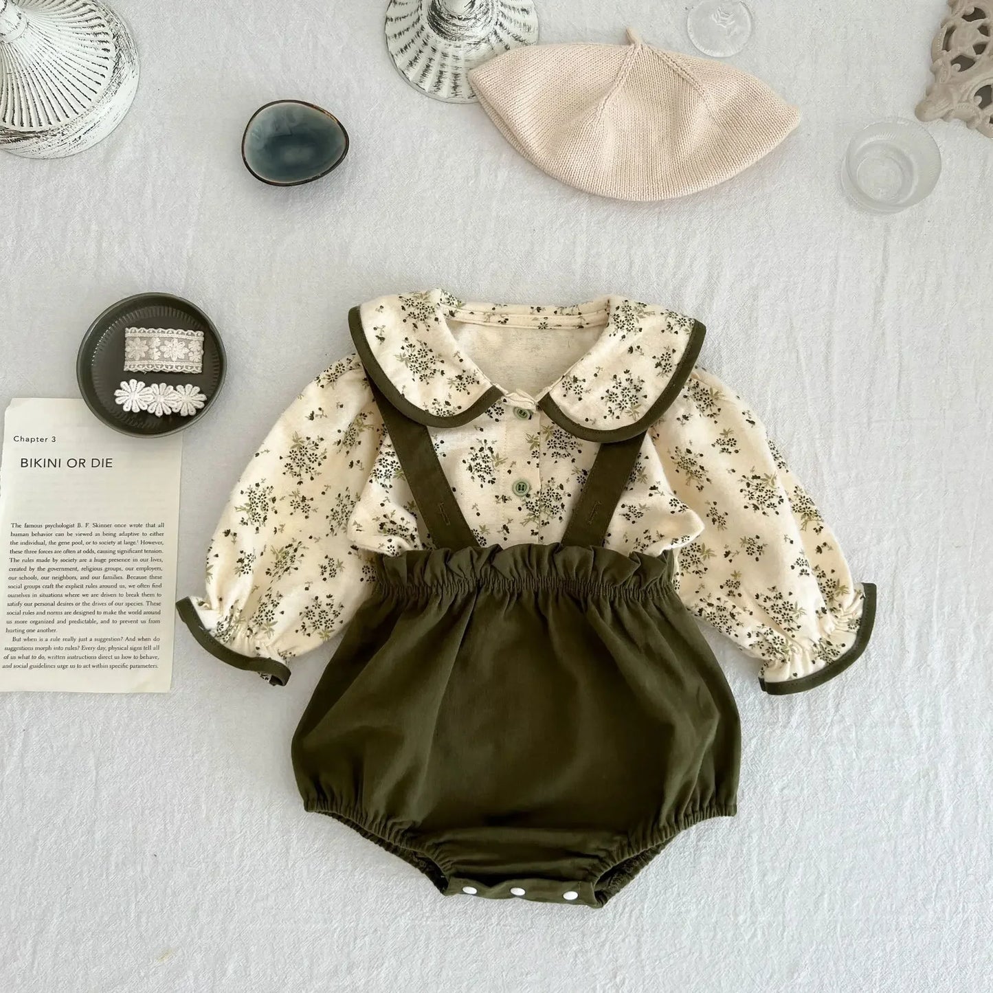 Forest Green Floral Blouse and Strap Bloomer Set