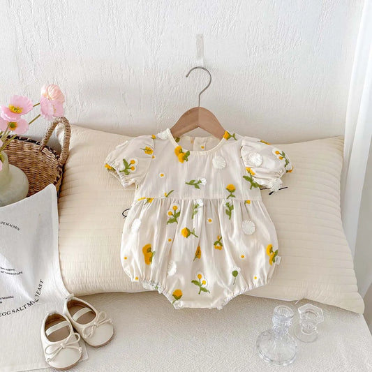 Yellow Small Floral Embroidery Romper