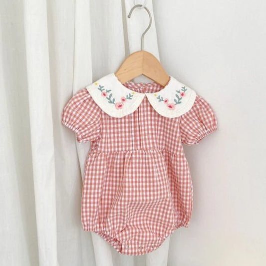 Pink Grid Floral Embroidery Romper