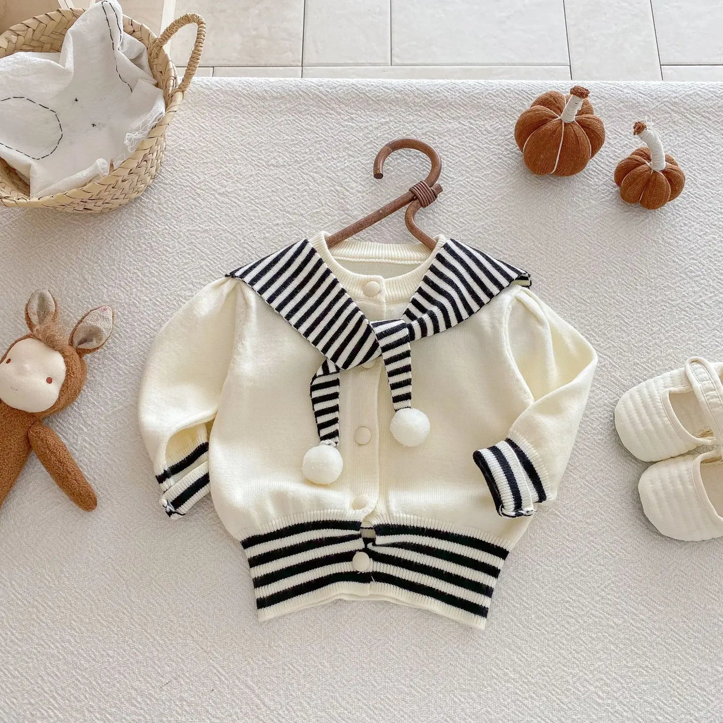 Navy Striped Collar Pom-Pom Knit Cardigan